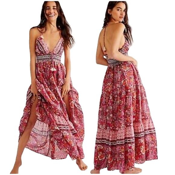 Free People Real Love Maxi Dress Deep V Neck Printed Halter Tassel Cotton Pink S - Picture 1 of 6